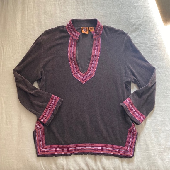 Tory Burch Espresso & Raspberry Stripe Terry Cloth Resort Tunic Beach Swim L/XL - Picture 1 of 11